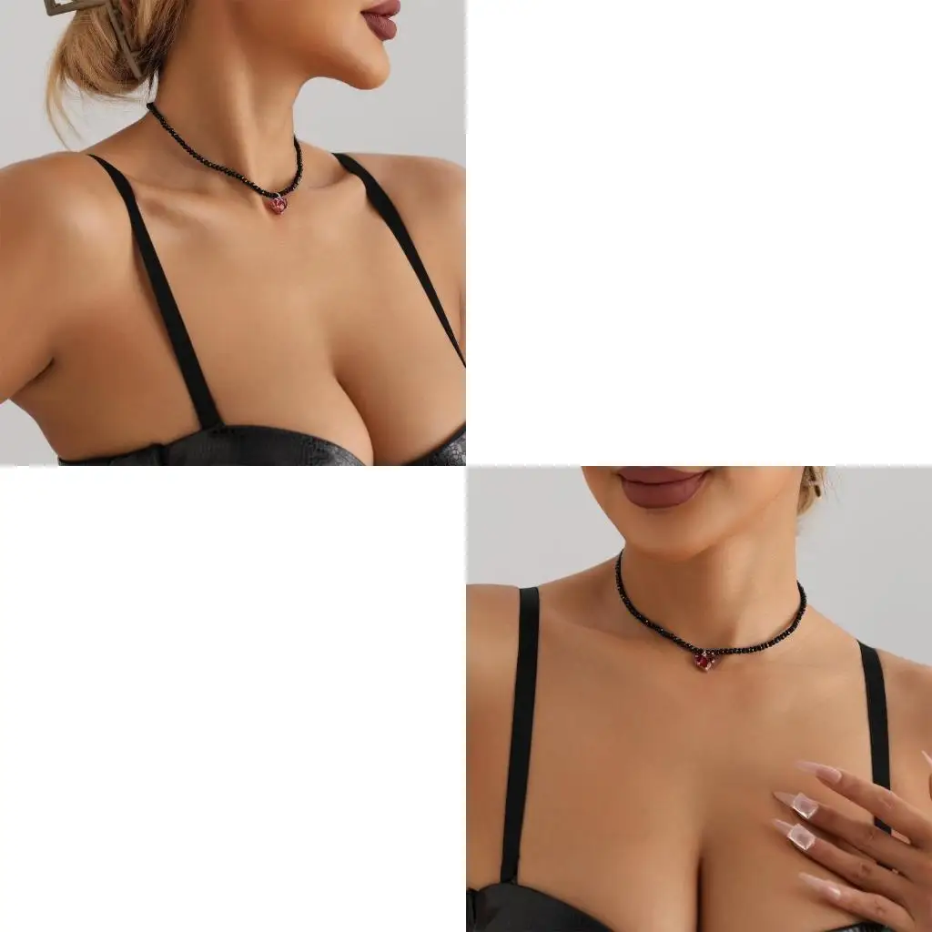 Цепочка-воротник с черными хрустальными бусинами и подвеской в ​​виде сердца, регулируемая длина, шейная цепочка, аксессуар для