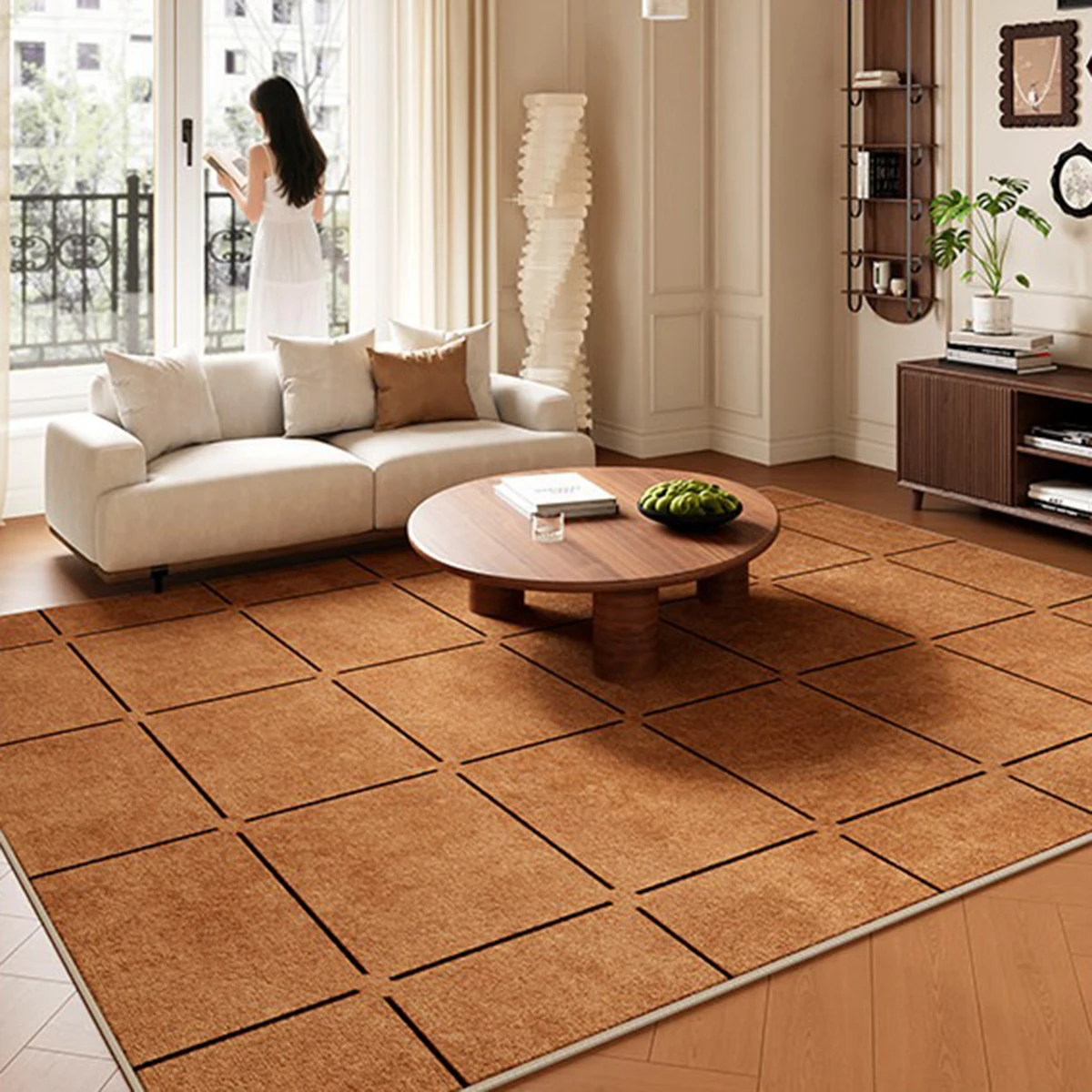 Brown Mid-century Modern Style Carpet for Living Room Short Plush Large Area Rugs Light Luxury Home Decoration Mats Bedroom Rug