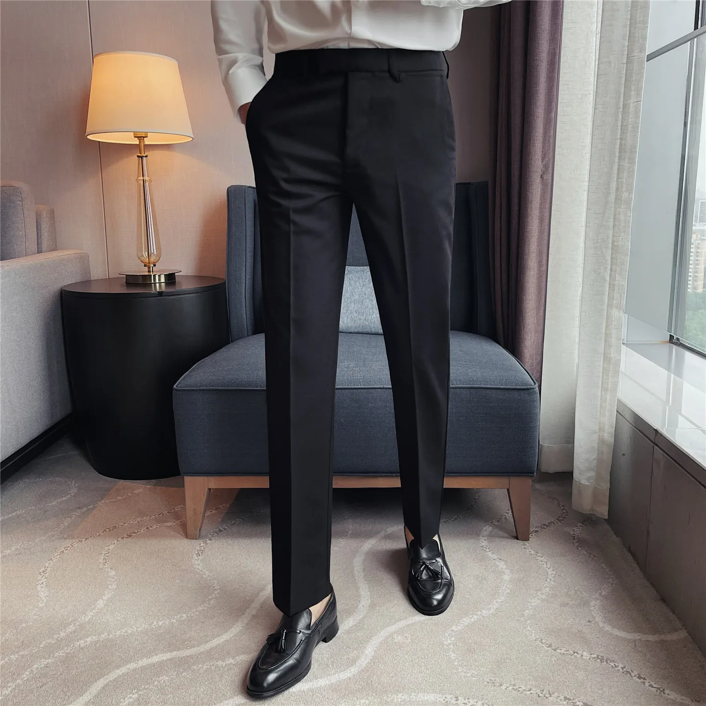 Men's Slim-Fit Wrinkle-Free Dress Pants – Drapey Business Casual Trousers with Stylish Pocket Detail for Office & Daily Wear