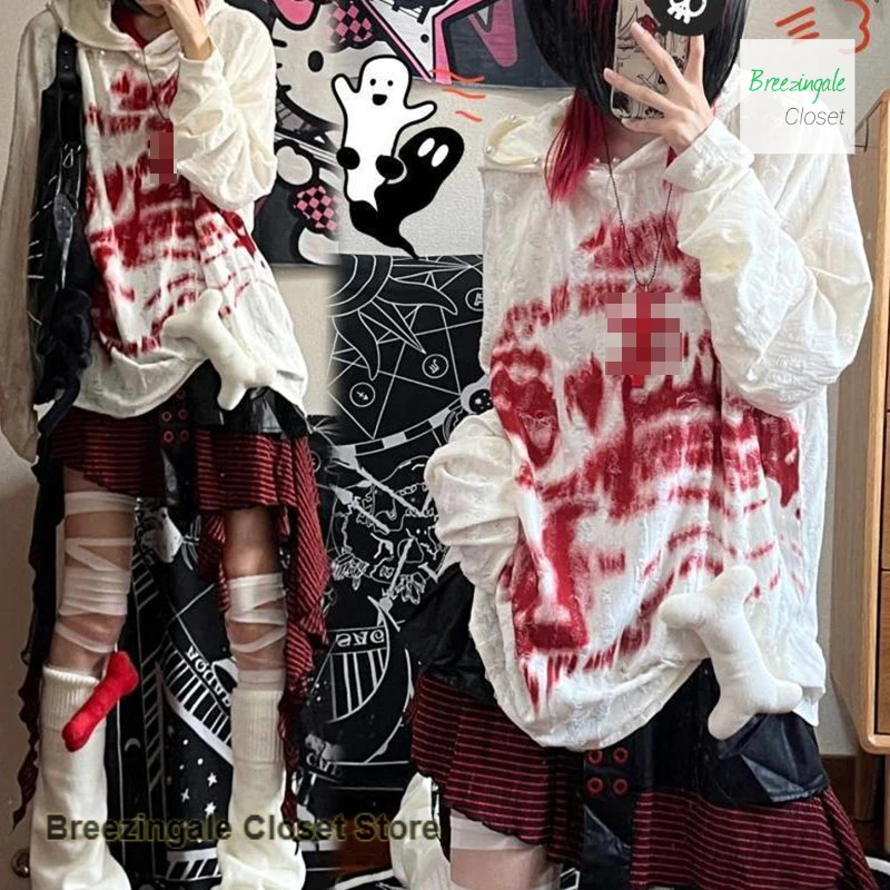 

American Abigail Culture Bloody Hood Women's Spring and Autumn New y2k Rock Punk Printed Pearl Buckle Hooded Sweater T-shirt