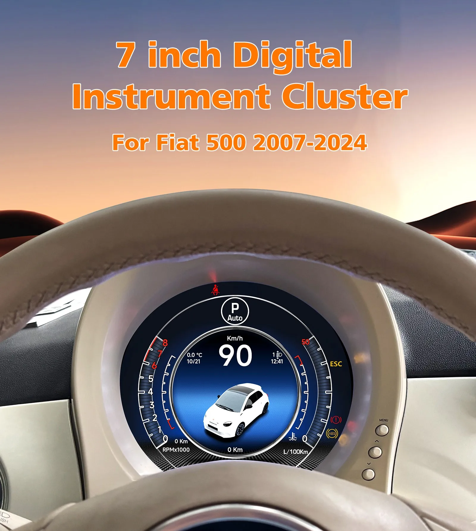 Quadro Strumenti Digitale per Auto con Schermo da 7 Pollici per Fiat 500 2007-2024, Cruscotto Android Auto Carplay, Cockpit Virtuale, Tachimetro