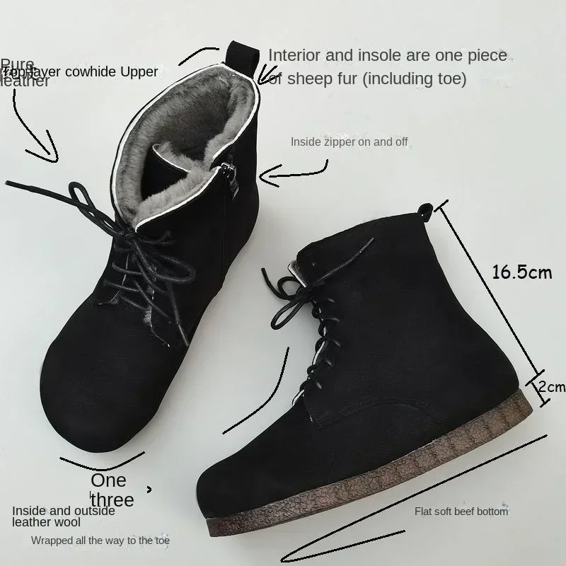 winter boots genuine Leather sheepski men\'s boots women\'s wool shoes flat soft oxford sole snow boots unisex sheep fur shoes 43