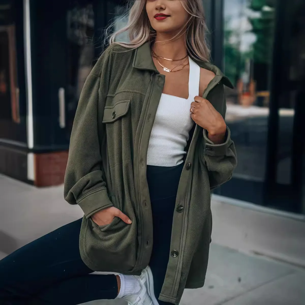معاطف صوف نسائية سترات مزيج صلبة جيب بياقة مقلوبة وأكمام طويلة واحدة الصدر سيدة مكتب غير رسمية 2025 خريف وشتاء #5
