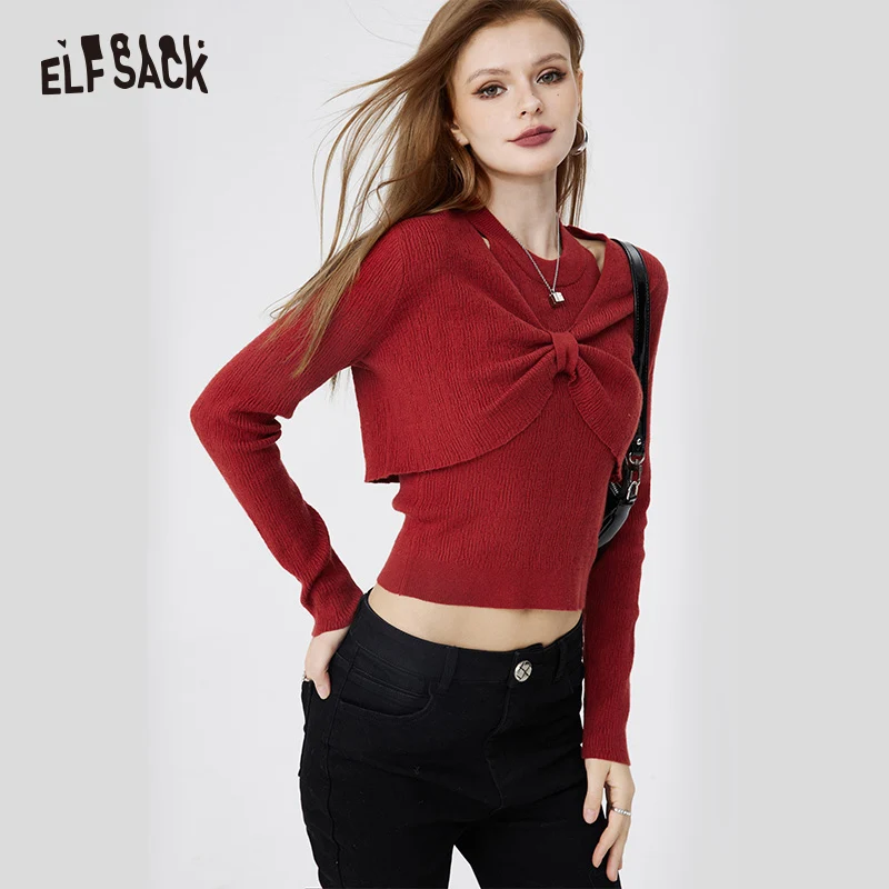 ELFSACK Spliced Hollow Bow Short T-Shirts Undershirt Women 2024 Spring Long Sleeve Basic Daily Tops