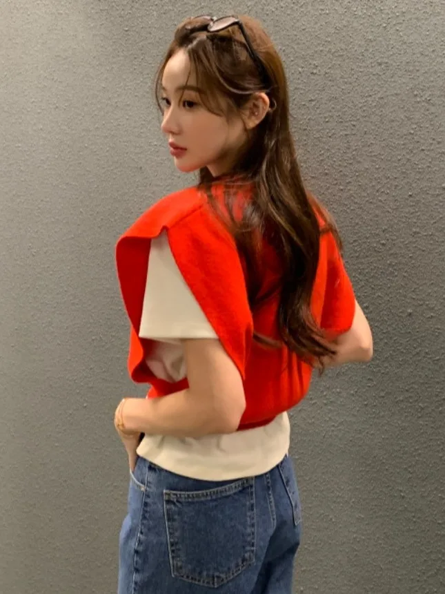 

Chic Vintage V-Ne Color Soft Loose Casual Versatile Knitted Sweater Vest Women's Faion Commute Sle ort Sve