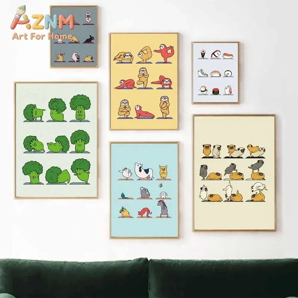 Cute Animal Yoga Panda Penguin Siamese Cat Canvas Posters Avocado Sushi Watercolor Prints Nordic Wall Art Picture Kidroom Decor