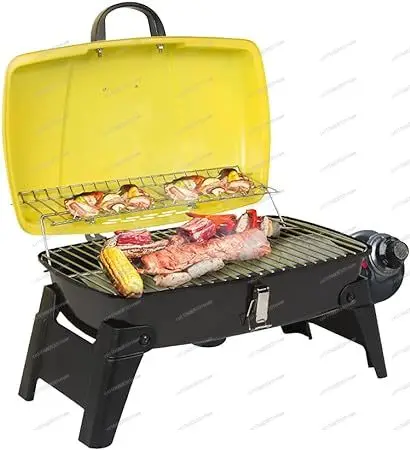 Portable camping grill, outdoor propane gas grill, compact camping grill with warmer folding