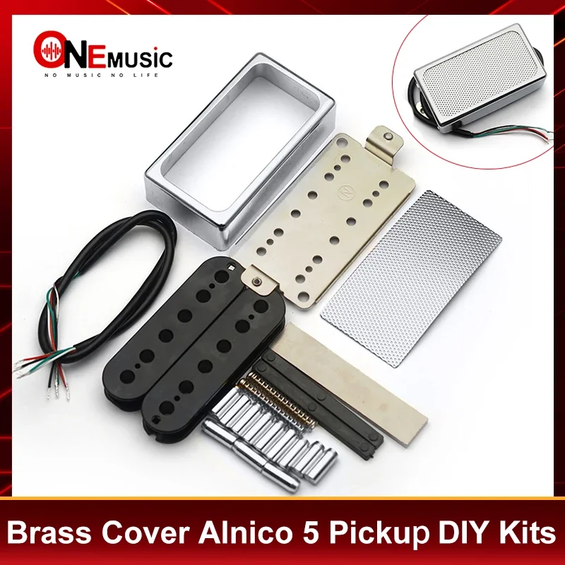 [Pickup DIY Kits] Brass Cover Alnico 5 Humbucker Guitar Pickup Kit - 4 Coil Cable-Copper Base Plate-Metal Mesh Surface