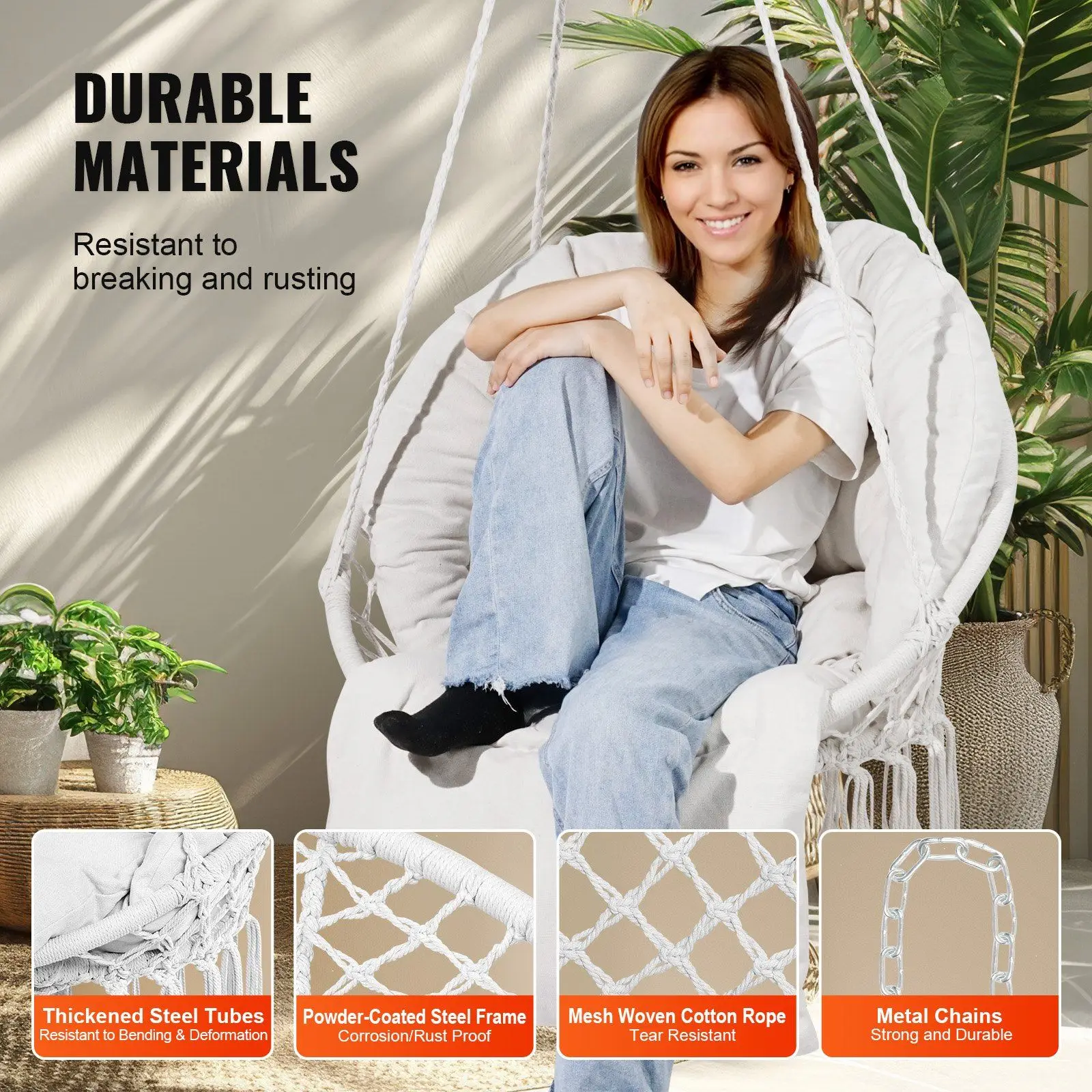 Cadeira de balanço de rede Cadeira suspensa de macramé com almofada interna e externa