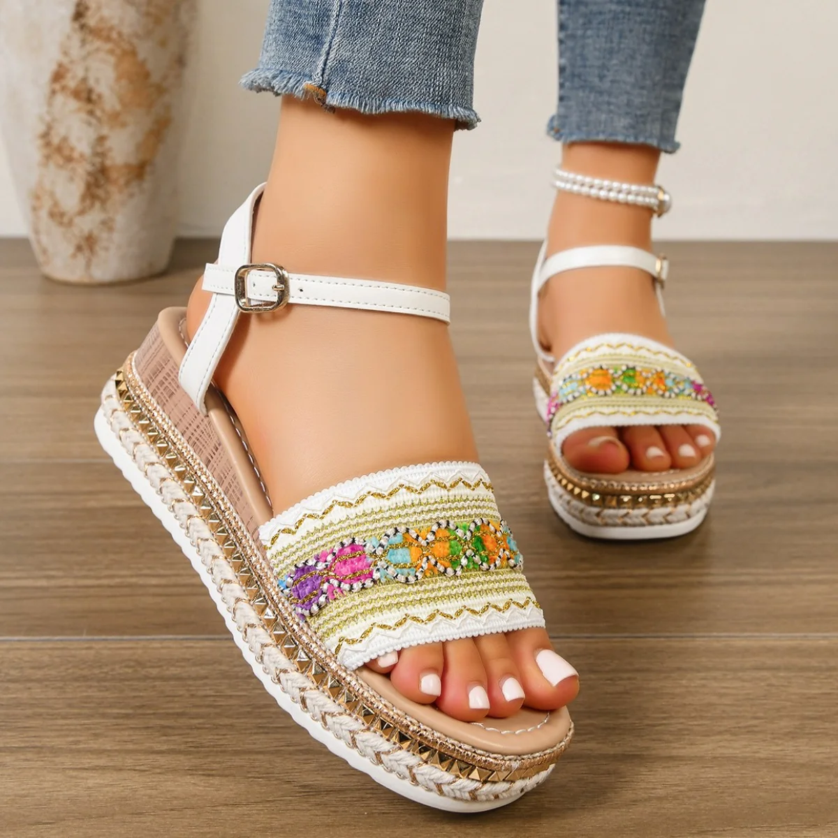 Women Ethnic Embroidered Floral Wedge Ankle Buckle Sandals Summer Thick Bottom Platform Dress Shoes Woman Plus Size 35-41 Shoes