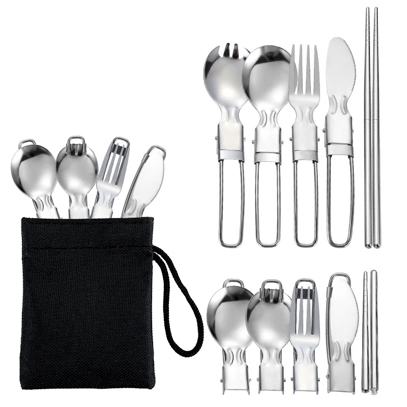 

Portable And Foldable Set Of Five Pieces Of Outdoor Picnic Camping Utensils Stainless Steel Folding Knife Fork Spoon Chopsticks