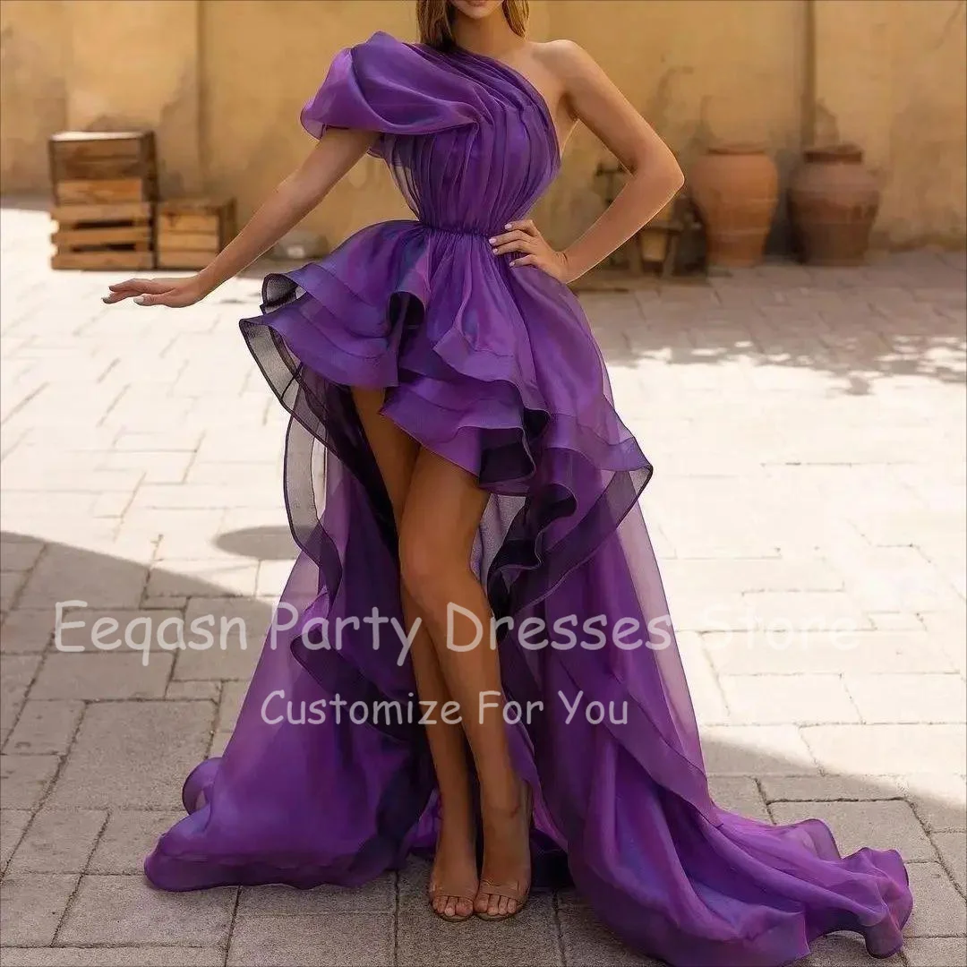 Customized Purple Organza One Shoulder Prom Dresses Short Front Long Back Pleated Evening Gowns Formal Women Wedding Party Dress