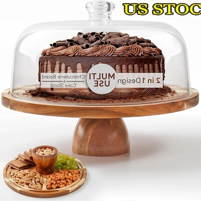 2-in-1-Kuchenständer aus Akazienholz mit Deckel, leicht, bruchsicher, Acrylkuppel, elegante Kuchenteller, Charcuterie-Brett, Partys und Veranstaltungen