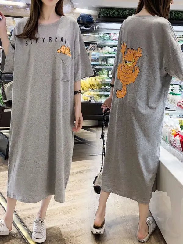 Grande taille femmes été coréen Sle ample longue t-shirt Dr genou longueur ventre couvrant ort Sve a-ligne Dr