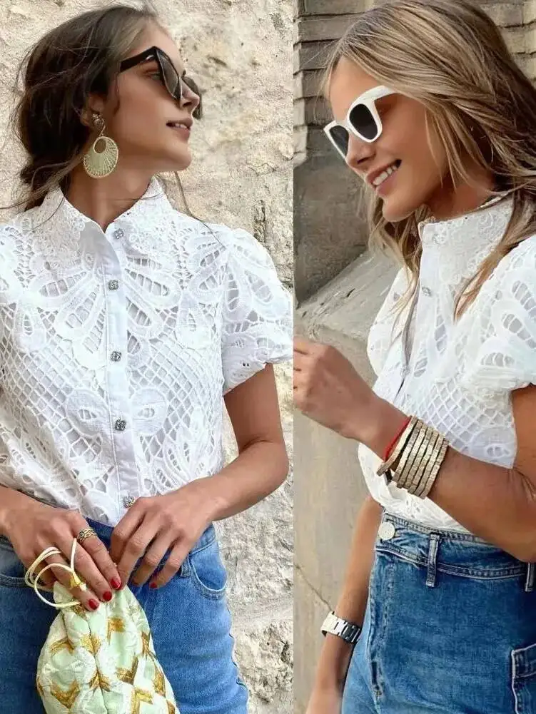 Camisa de diseñador de encaje, blusa elegante para mujer, camisa de ganchillo de encaje para mujer, camisa de manga corta con solapa delgada y mangas abullonadas BQZ2