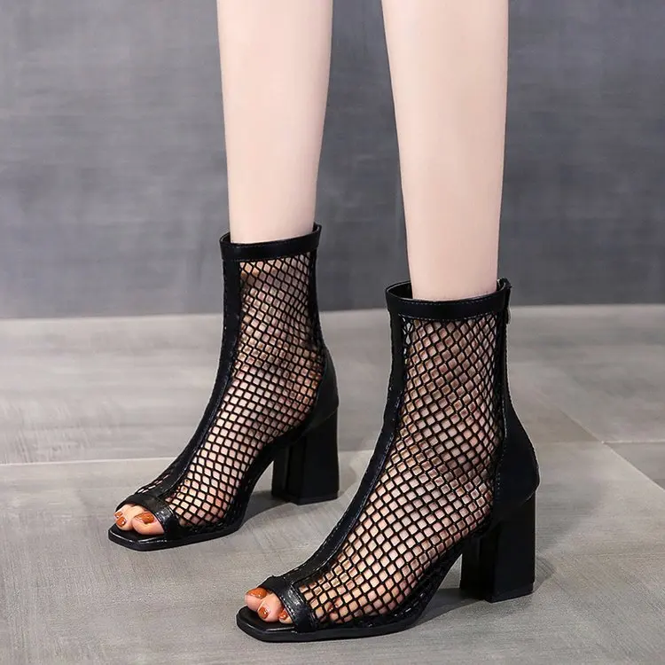 Brand Summer Fashion Mesh Fish Mouth Short Tube High Heels Hollow Women Breathable Riding Boots Thick Heel Sandals Ladies Shoes