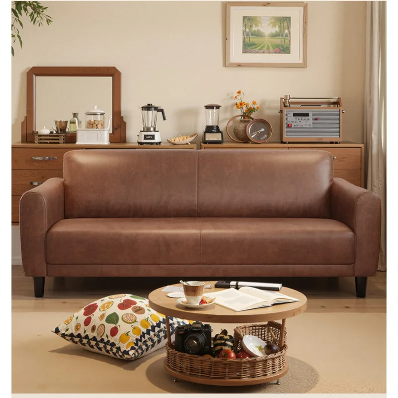 Home Double small apartment oil wax leather sofa living room retro style three-person cowhide sofa straight row
