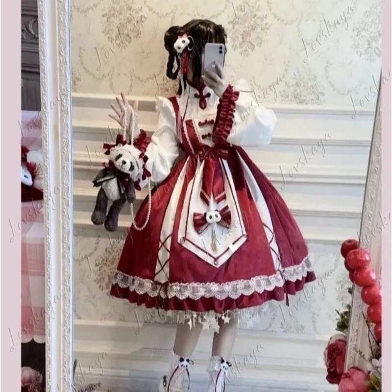 Lolita Red Cheongsam Single Dress with Bow Op Kitchen Maid New Year Style