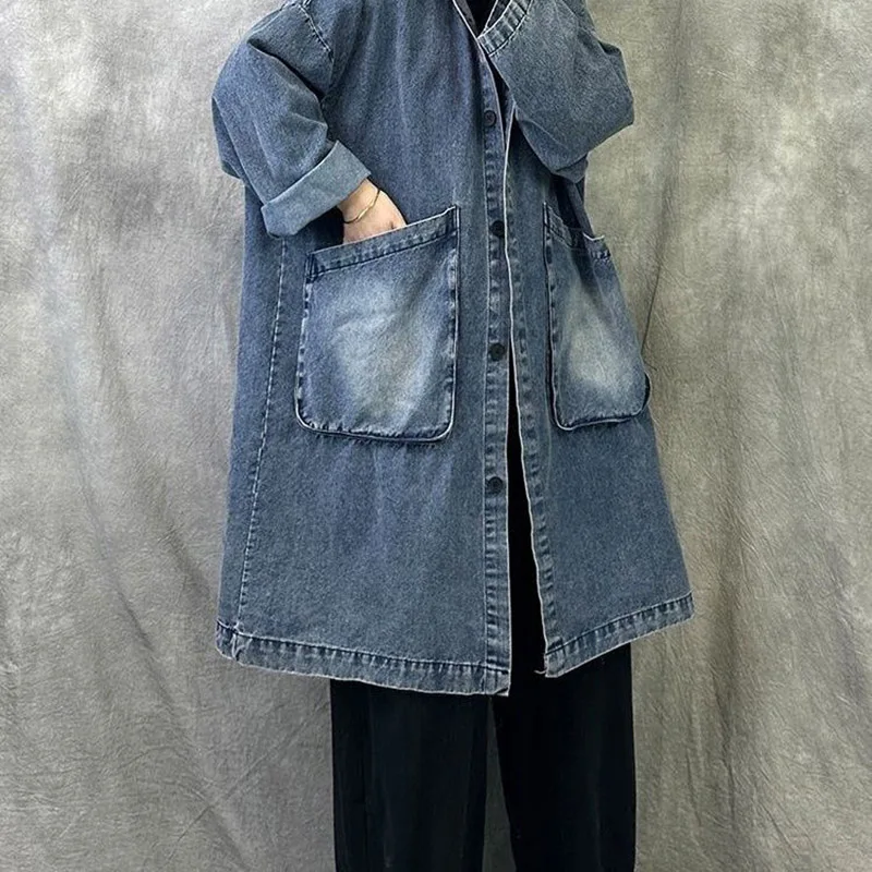 Retro Hooded Cowboy Jacket for Women 2025 New Autumn Windbreaker Medium to Long Loose Large Fashionable Simple Coat