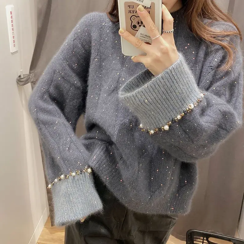 Korea Pearl Sweater Woman V Loose Lazy Wind Sweet Gentle Wind Celebrity Heavy Industry Nail Beads Wear Soft Waxy Coat