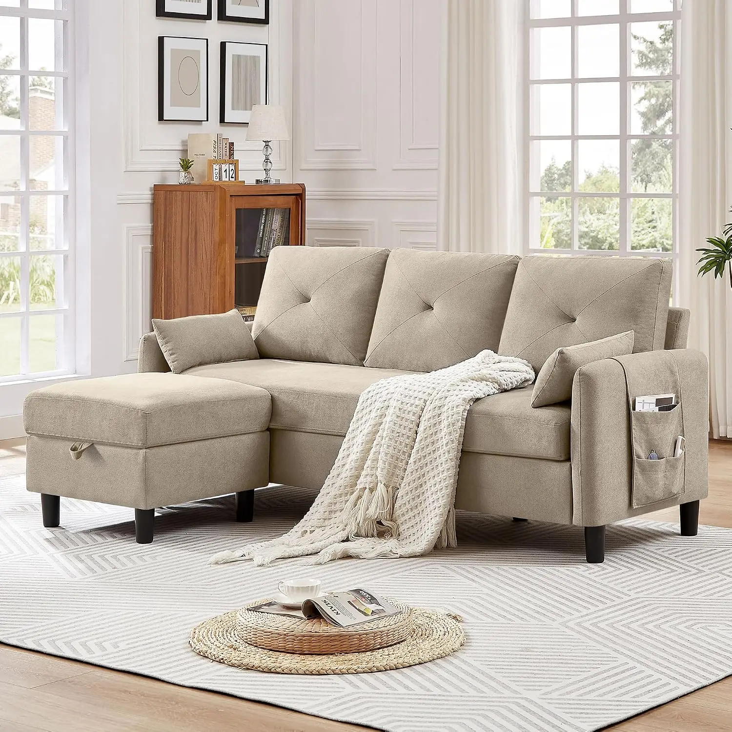 Convertible Sectional Sofa, Small L Shaped 3 Seat Couch with Reversible Storage Chaise, Modern Polyester Fabric, Customized
