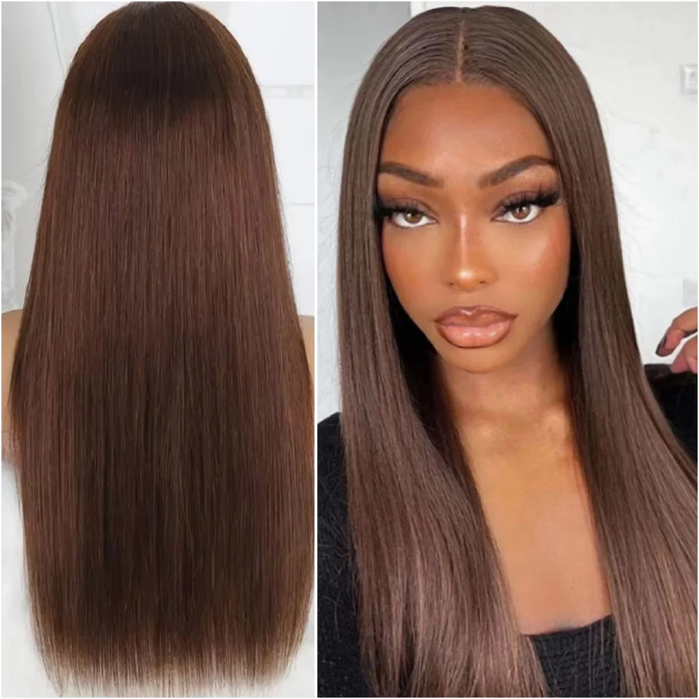 วิกผมตรงแบบ Bone Straight 13x6 Lace Frontal ขนาด 36 นิ้ว ความหนาแน่น 200 # วิกผมบราซิลแบบ HD Lace Front สีน้ำตาลช็อกโกแลต 4 ชิ้น ทำจากผมแท้ 100% สำหรับผู้หญิง