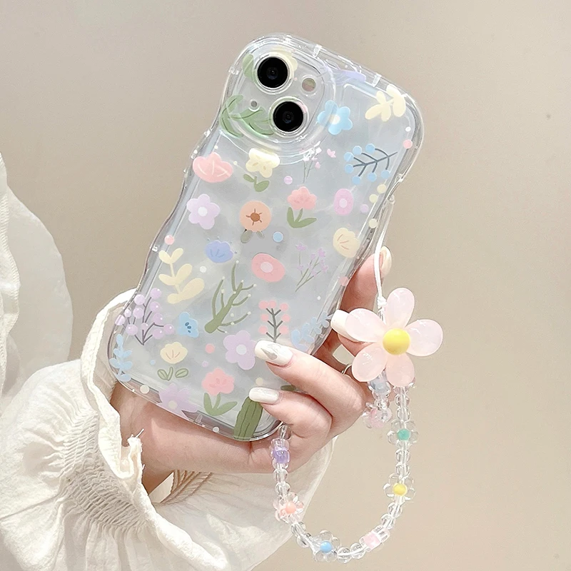 Kawaii Wave Flower Phone Cover For Iphone 15 14 13 12 11 Pro Max Plus Case Cute Mobile Phone Protective Cases Mother's Day Gift