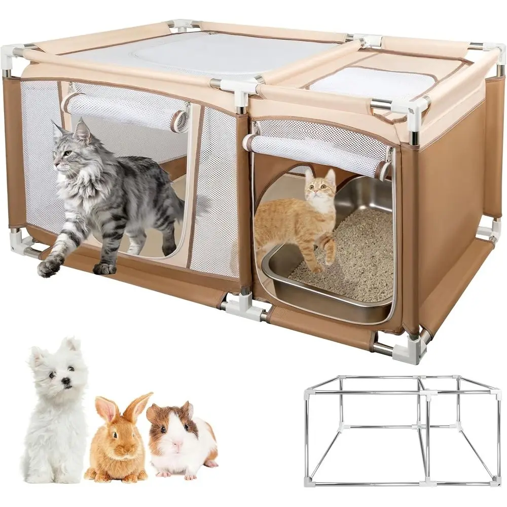 

Sturdy Stainless Steel Cat Playpen with 2-in-1 Play and Litter Areas, Breathable Mesh for Indoor Cats and Easy Cleaning
