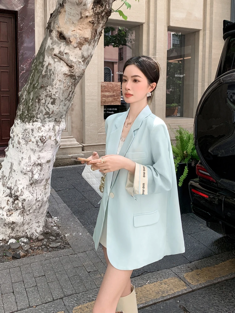 

Binguo Ice Lake Blue Slimming Thin Suit Women's Spring Autumn Loose Fit Seven Sve Commute Sle Pure Color Polyester