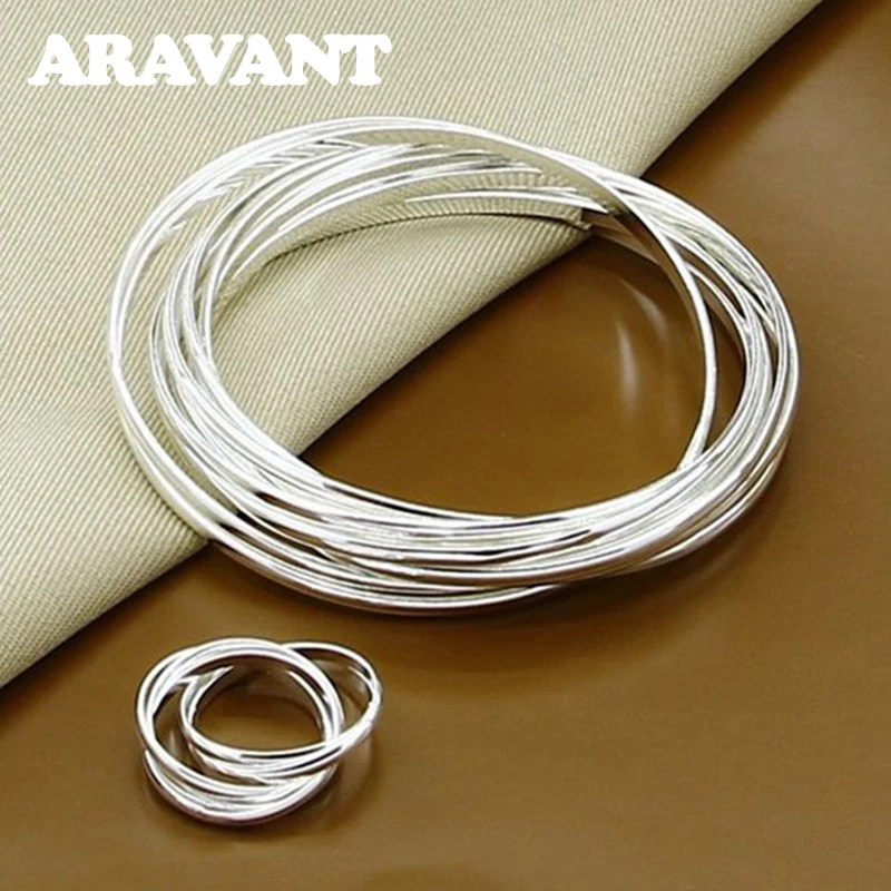 Aravant 925 Silver 10 Circle Triple Ring Bangle Set For Men Women Fashion Jewelry