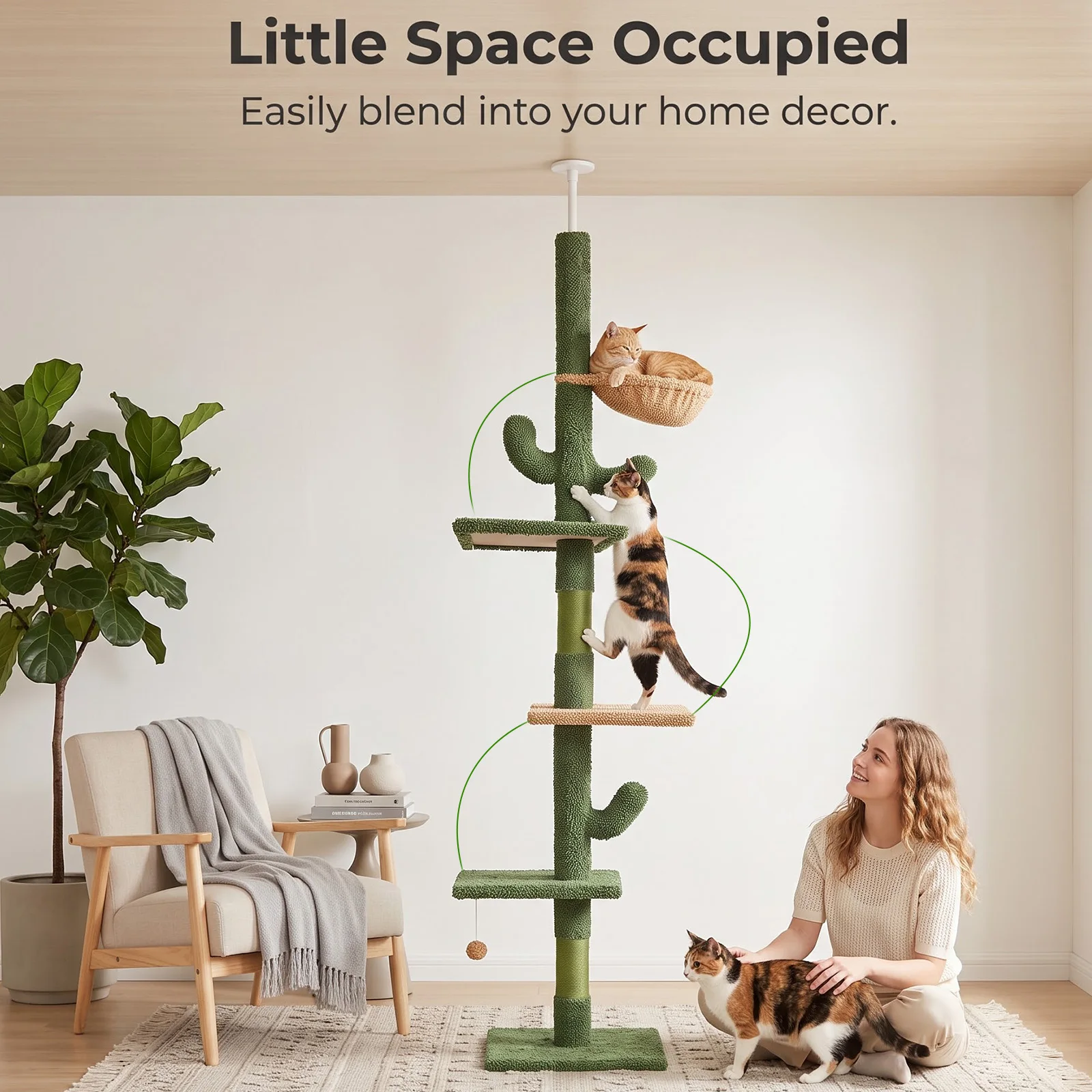 Torre per gatti a 5 livelli, da pavimento a soffitto, con struttura a cactus, per arrampicarsi, dotata di tiragraffi, amaca e palla sospesa, ideale per gatti da interno.