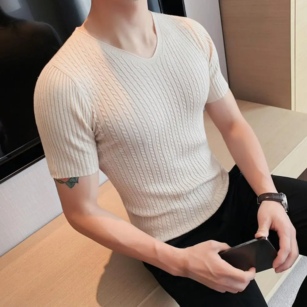 Men V Neck Short Sleeve T Shirt Fitness Slim Fit Sports Strips T-shirt Male Solid Fashion Tees Tops Summer Knitted Gym Clothing