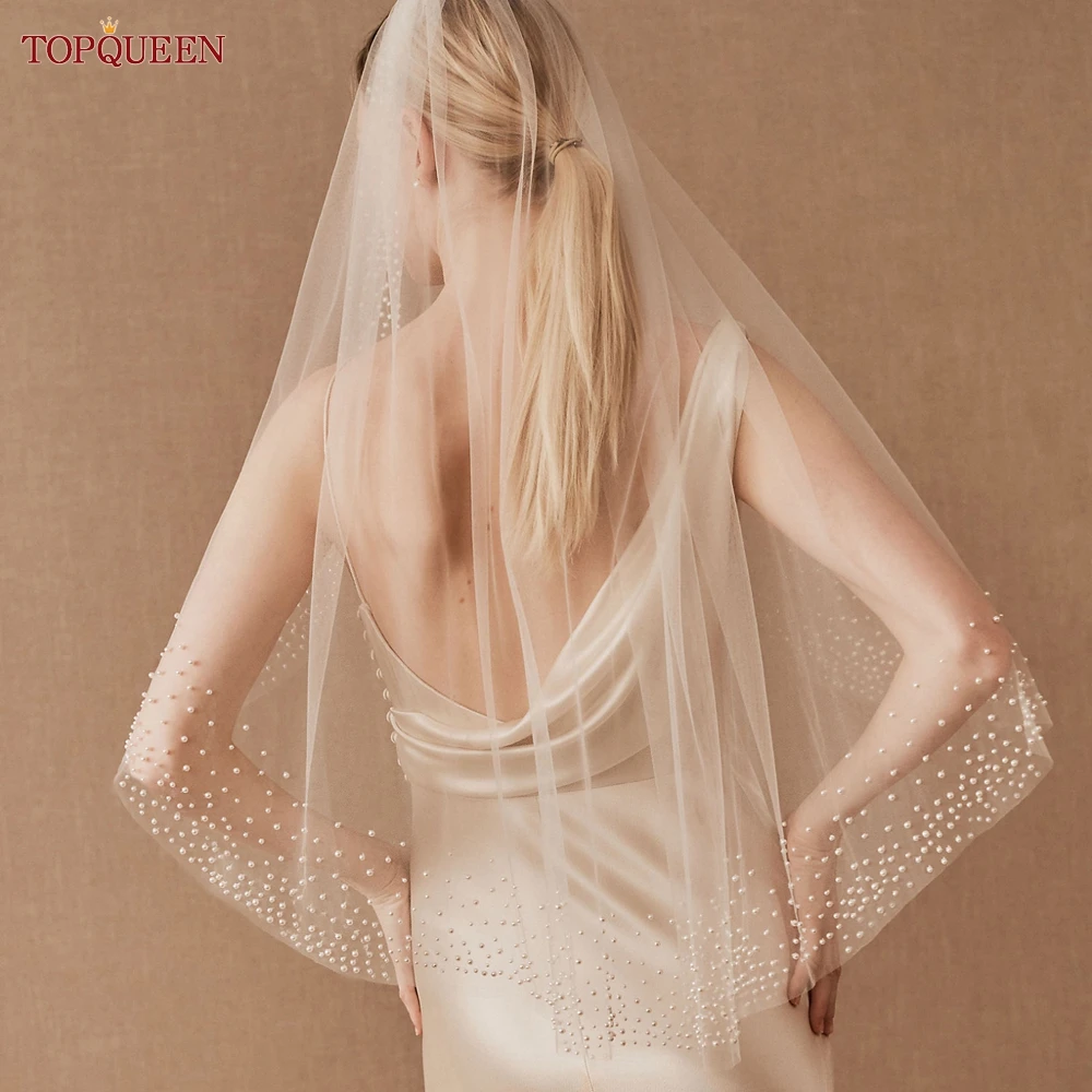 TOPQUEEN Pearls Wedding Veils with Comb Bridal Veil Type Layer Dramatic 1 Tier Pearl Veil Bridal Veils Bead Wedding Veil V157