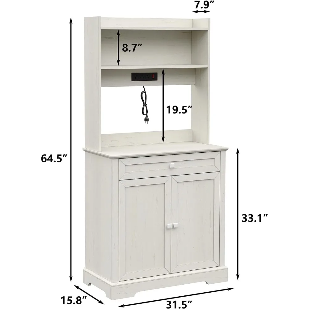 White Kitchen Bakers Rack with Power Outlet, Freestanding Kitchen Pantry Hutch Door Microwave Oven Stand with Shelves,Cabinet