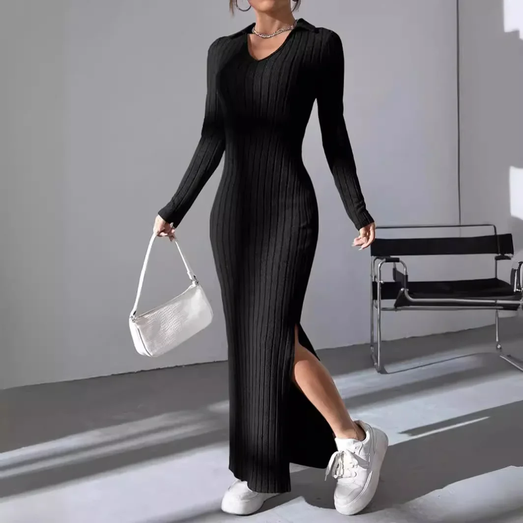 European and American Autumn Winter New Knitted Long Sleeved Tight Fit Dress Fashion Solid Lapel Slim Fit Dress for Women Y2k