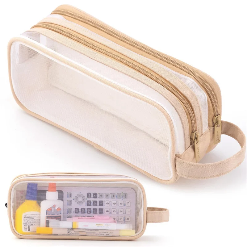 Grid Mesh Pencil Case 2 Compartment Pen Bags Clear Handheld Multifunction Pencil Pouch for Teen Students Light Brown