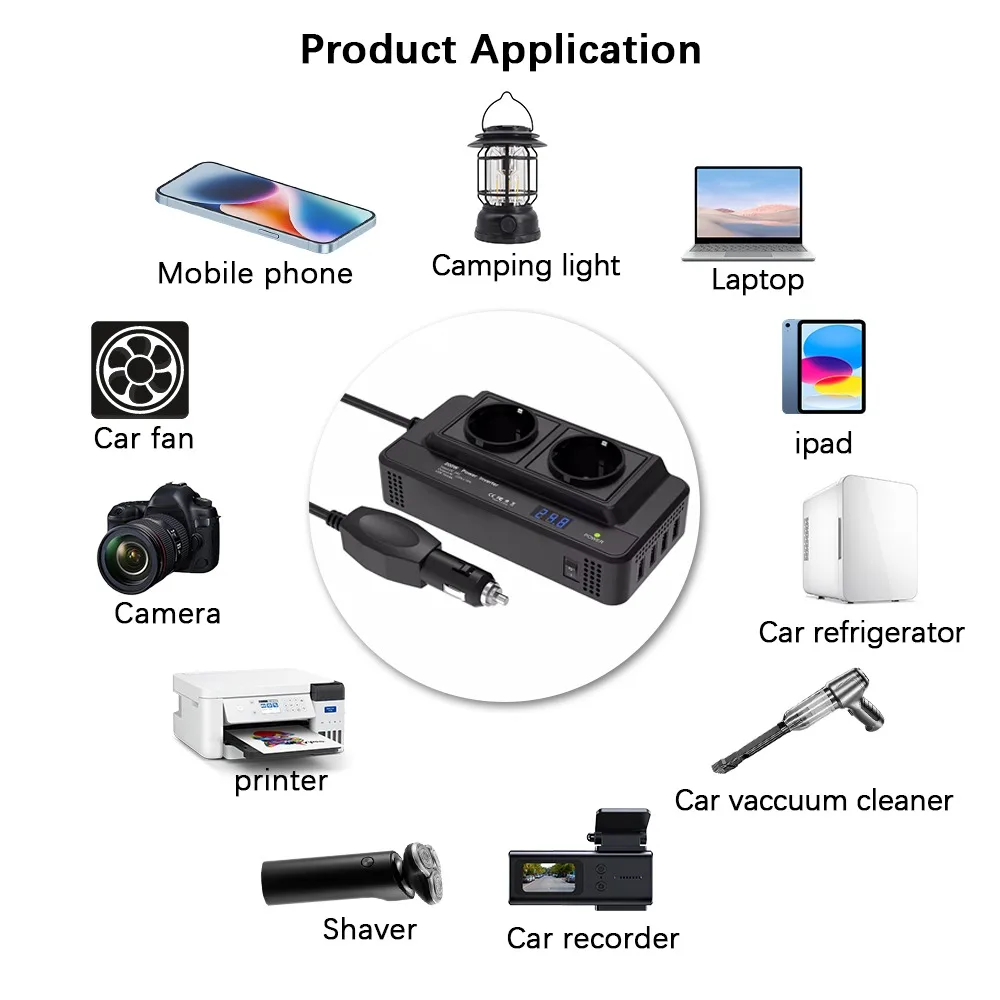 200W 12V to 220V Automotive Power Inverter Cigarette Lighter Adapter Car Converter With Voltmeter 2 EU AC Power Sockets 4 DC USB