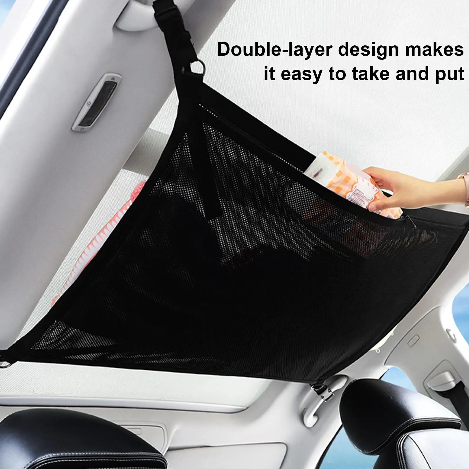 

Car Ceiling Cargo Net Double-Layer Car Inside Roof Cargo Organizer Net Load-Bearing Capacity Inside Roof Organizer Mesh Road