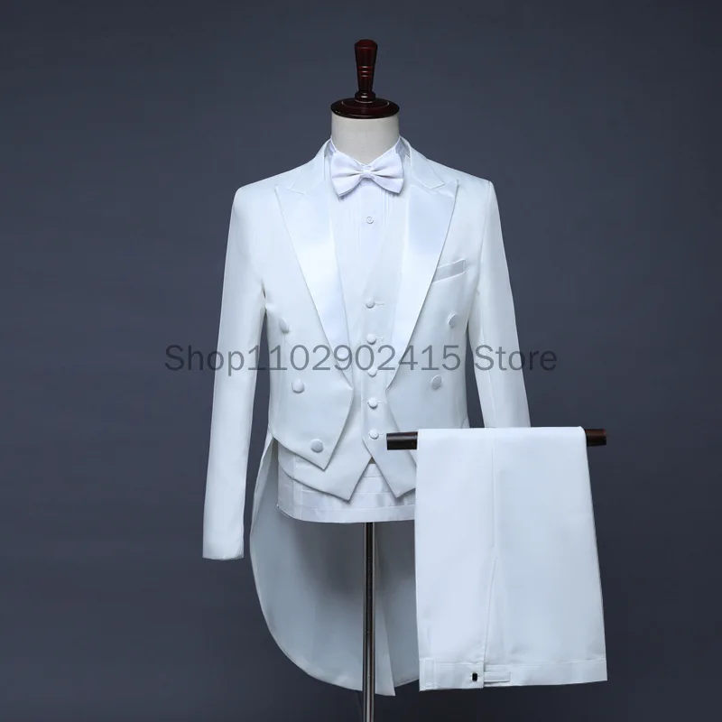 Mens Tuxedo Tails Black White Shiny Tailcoat Dress Coat Swallowtail Dinner Party Wedding Blazer Suits Jacket Magic Singer Stage