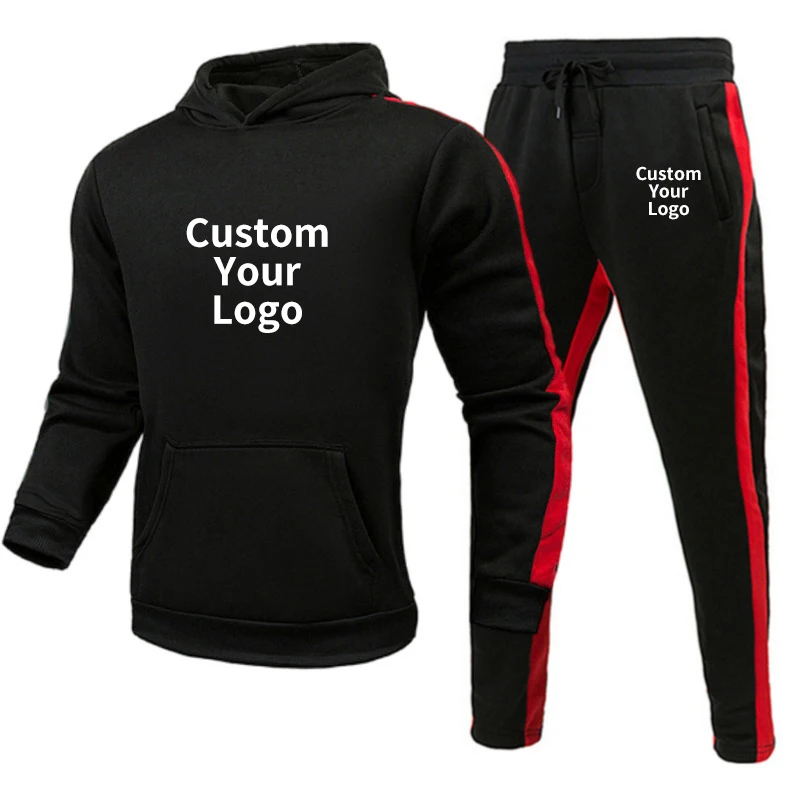 

Custom Logo Men Tracksuit Striped Hoodie+Pants 2Pieces Set Autumn Winter Jogging Suits Male Sportswear Gym Casual Clothing