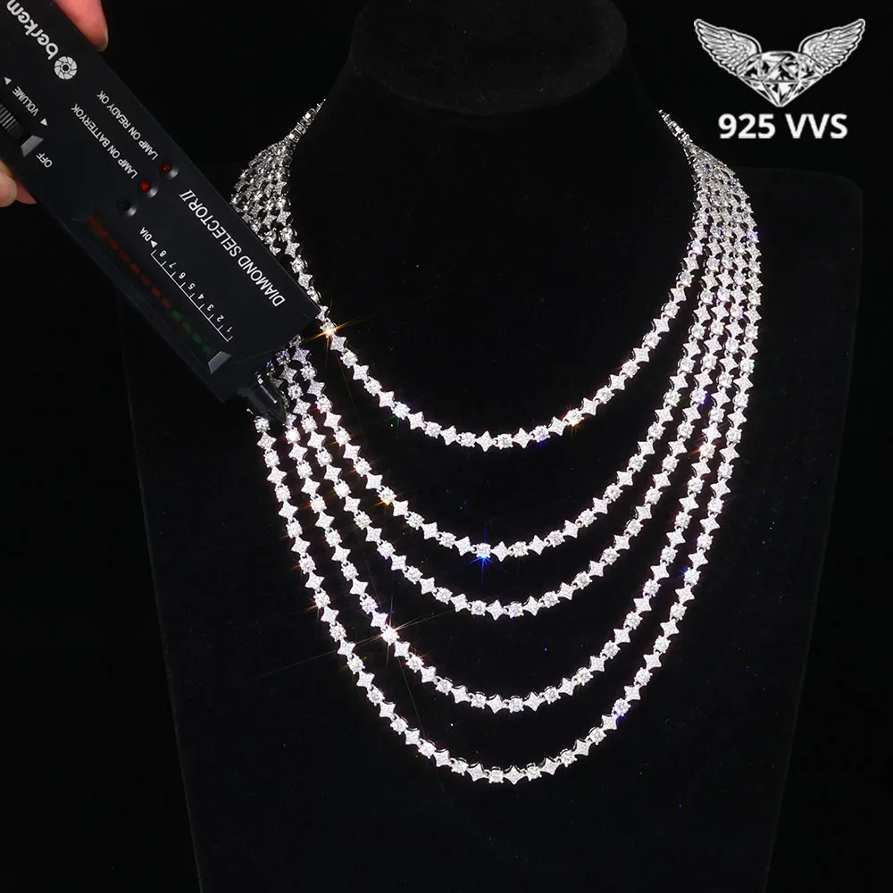 925 VVS Pass Diamond Tester Classic Star Chain 6mm Sterling Silver Moissanite Diamond Clustered Tennis Necklace Femme Wedding