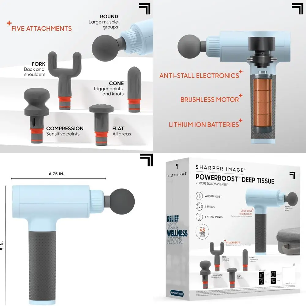 

Перезаряжаемый массажный пистолет для глубокого массажа тканей с 6 скоростями, 5 насадками и чехлом для переноски, для облегчения боли во всем теле, светло-голубой