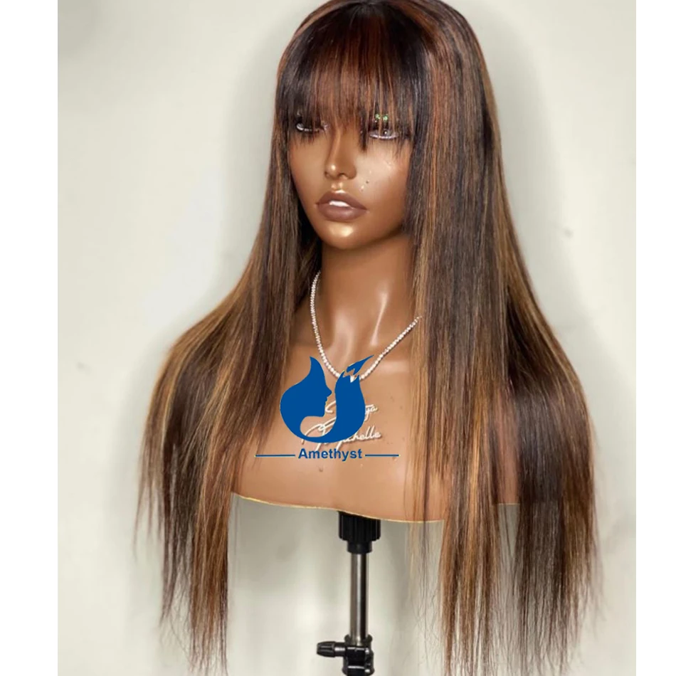 

Amethyst Silky Straight Highlight Brown with Blonde Human Hair Wig With Bang For Women Scalp Top Full Machine Made Wig Glueless