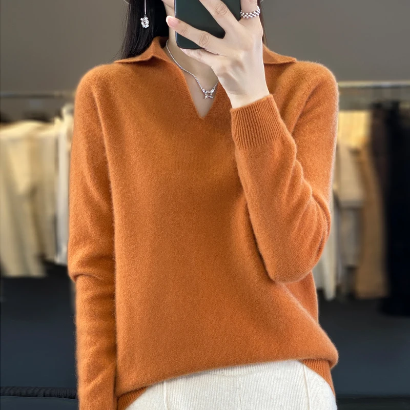 100% Merino Wool POLO Neck Sweater For Women 2023 Autumn/Winter New Thick Sweater Jacket For Women Solid Color Knit Pullover