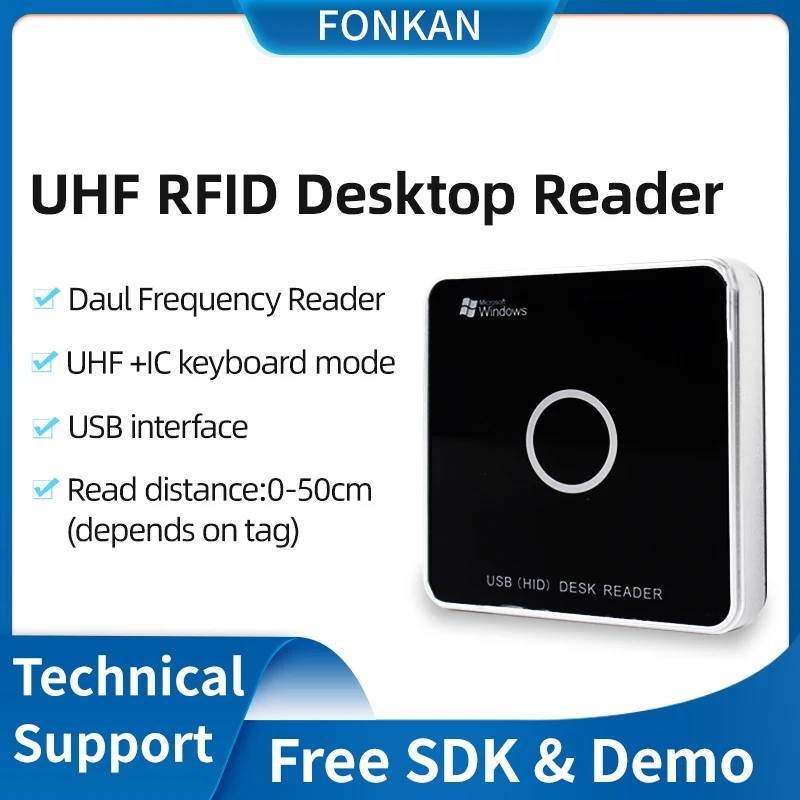 

UHF RFID Reader Daul Frequency ISO18000-6C ISO14443A RFID Desktop Reader Writer Keyboard Mode HID USB Reader UHF RFID