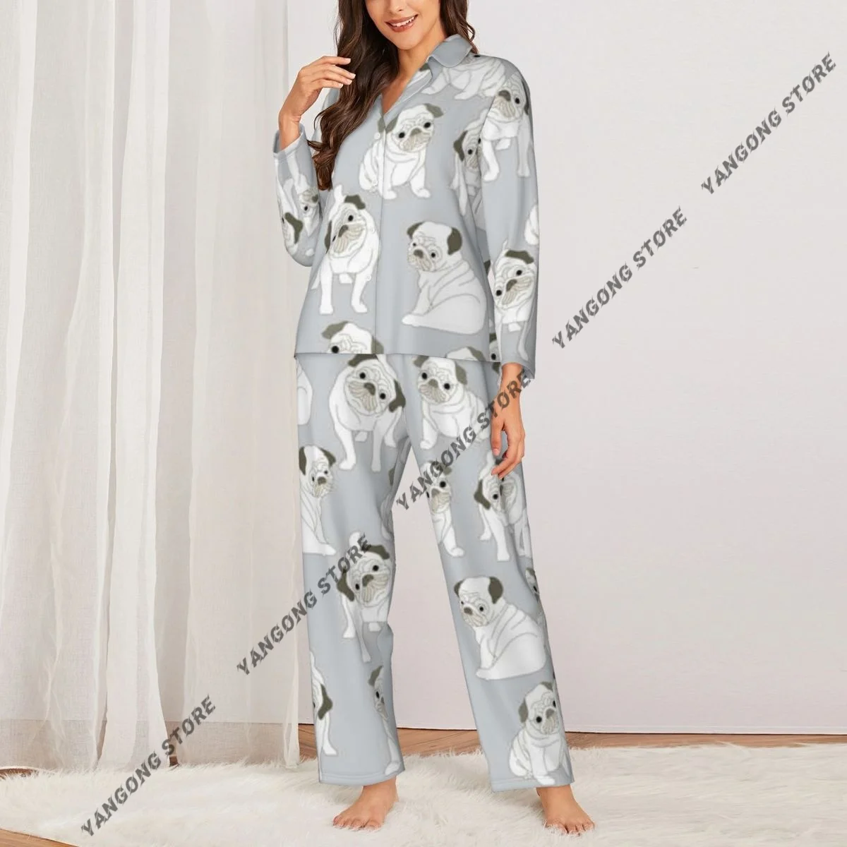Spring and Autumn Long Sleeve Pants Pajamas Loungewear Set Pug Dog Pattern Women's Pull Edge Loose Sleeping Suit