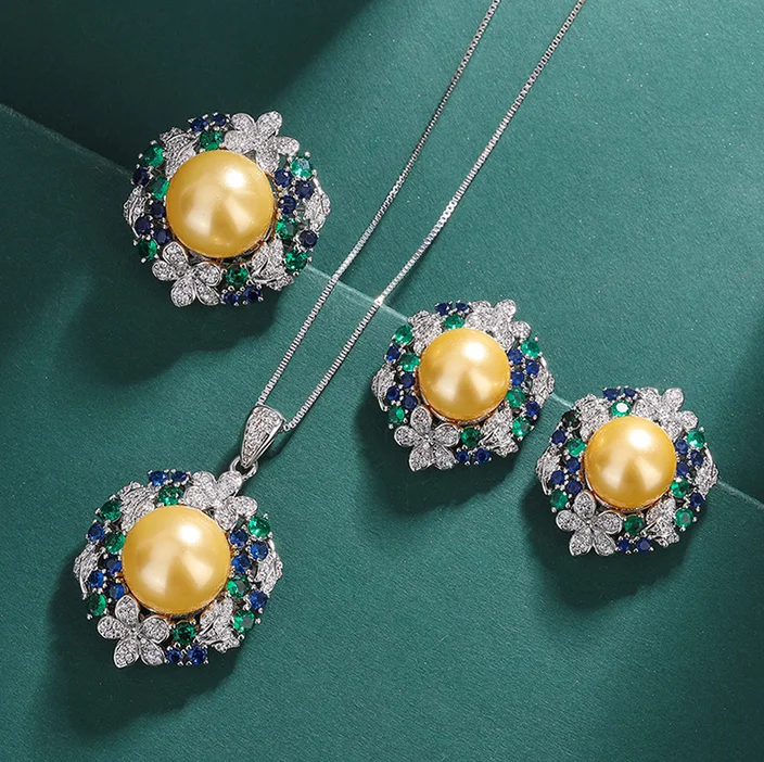 

Set charming south sea gold pearl pendant earring ring 11-12MM