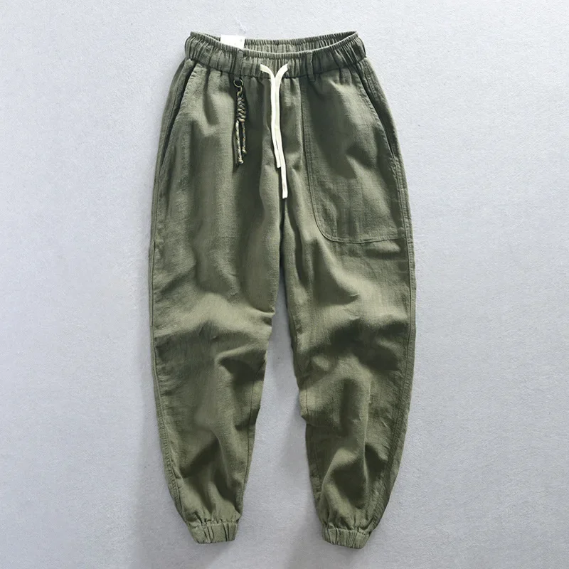 Summer New Cotton Linen Pants Man High Street Cargo Pants Men Casual Drawstring Elastic Waist Pants Japanese Retro Baggy Pants