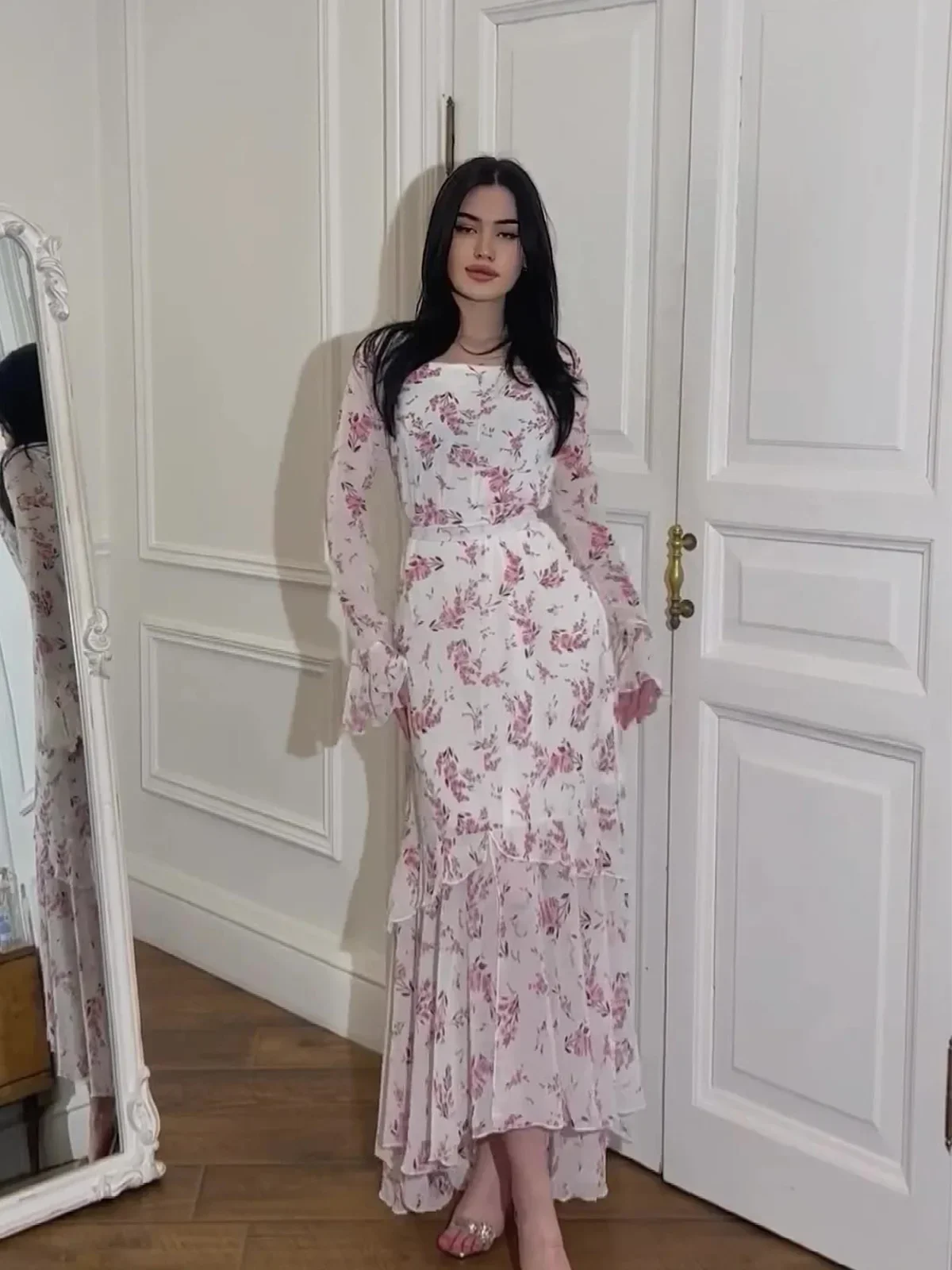 Szyfonowa sukienka z falbankami, damska, letnia, z długim rękawem, łączona, z wysokim stanem, wyszczuplająca, asymetryczna, w kwiaty, sukienka wieczorowa, długa sukienka.