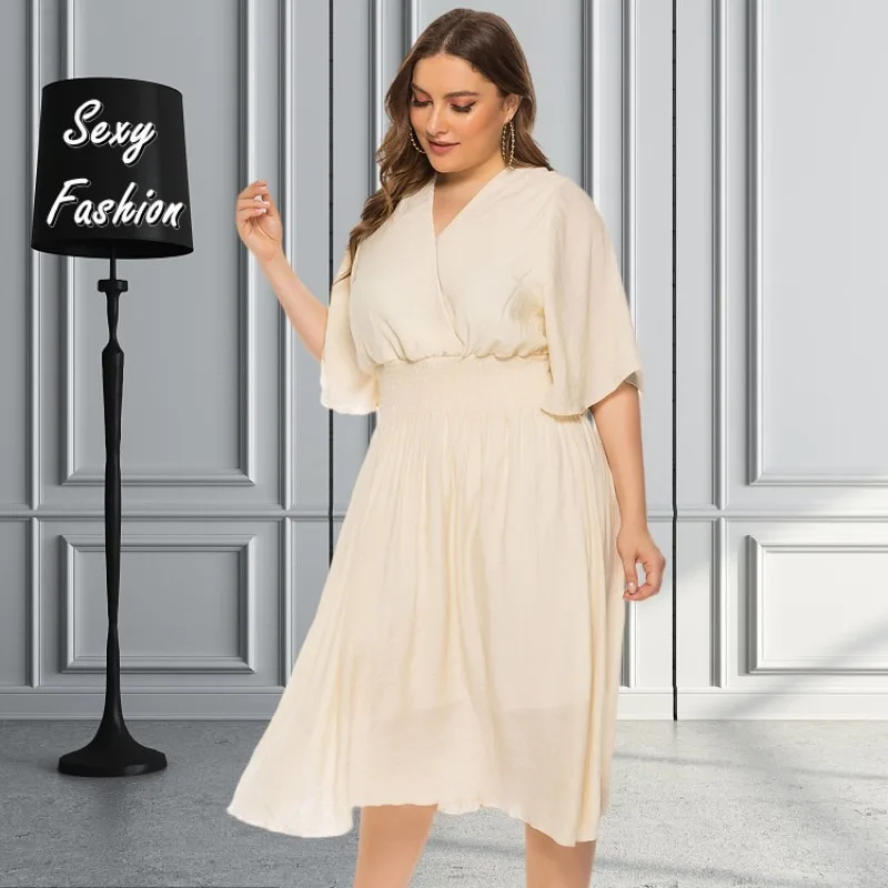 

2XL-4XL Dresses for Women 2023 Summer Plus Size Clothing Short Sleeve V Neck Pleated Casual Loose Elegant Midi Dress Wholesale